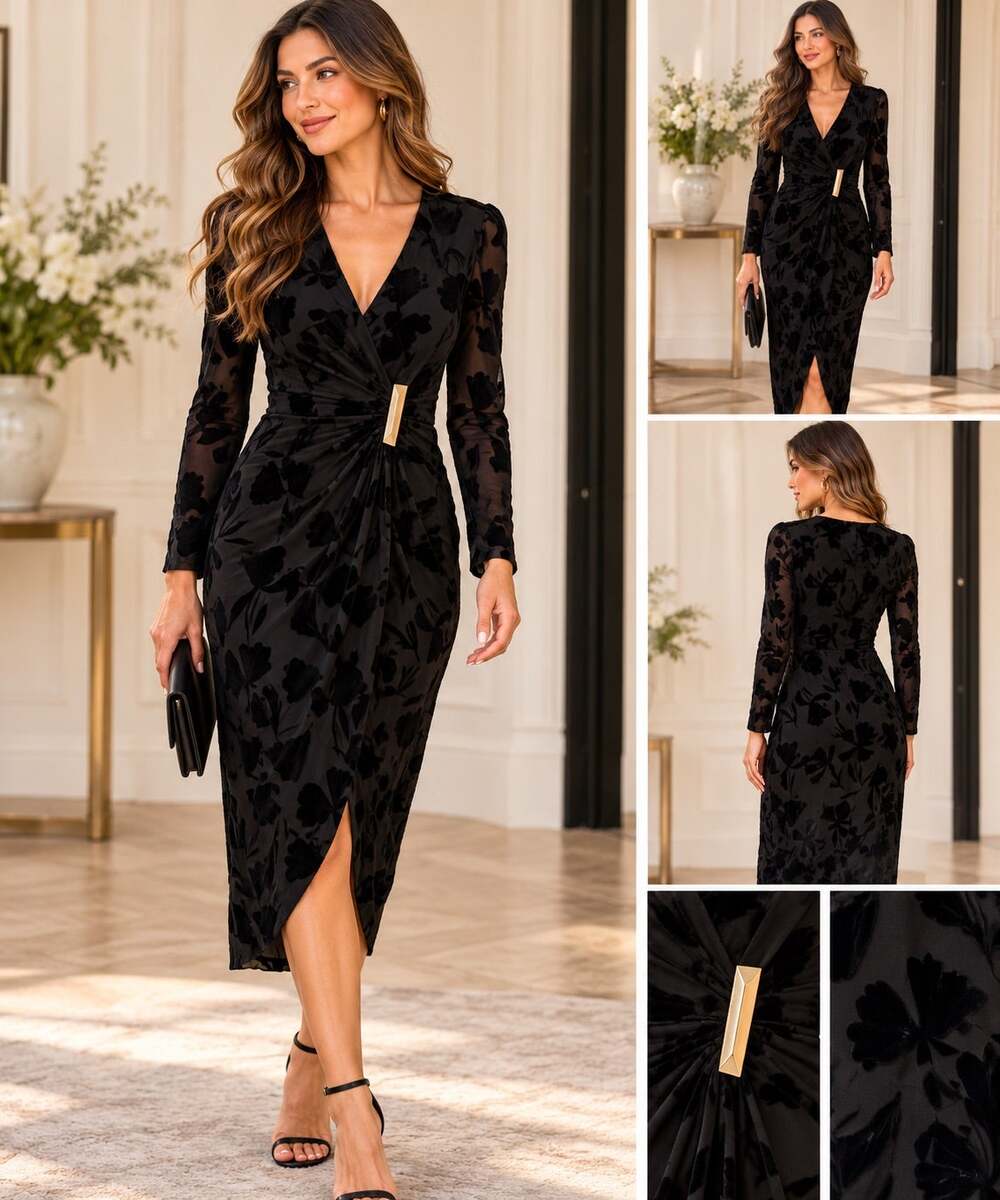 Harper Rose Black Velvet Burnout Floral Wrap Midi Dress Size 6 Gold Accent